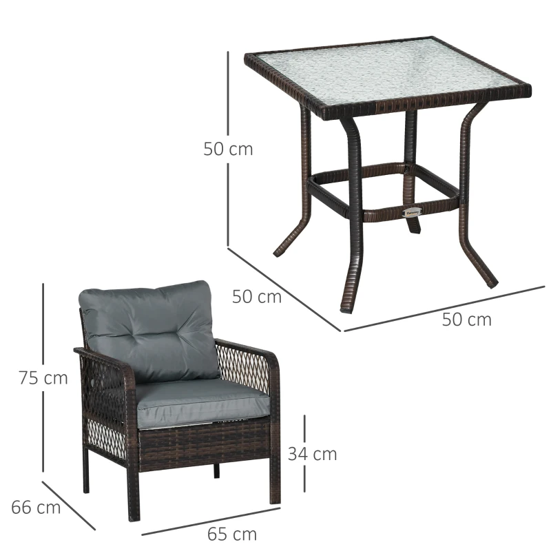 Outsunny Conjunto Móveis de Vime 3 Peças de Jardim 2 Poltronas 65x66x75cm e 1 Mesa 50x50x50cm de Vidro Temperado com Almofadas Acolchoadas para Terraço Pátio Marrom
