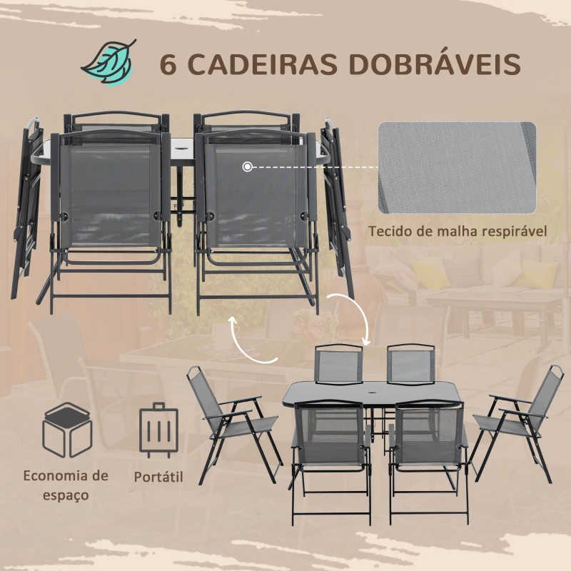 Outsunny Conjunto de Jardim Refeição de 8 Peças com 6 Cadeiras Dobráveis Mesa  e Chapéu de Sol Inclinável Cinza