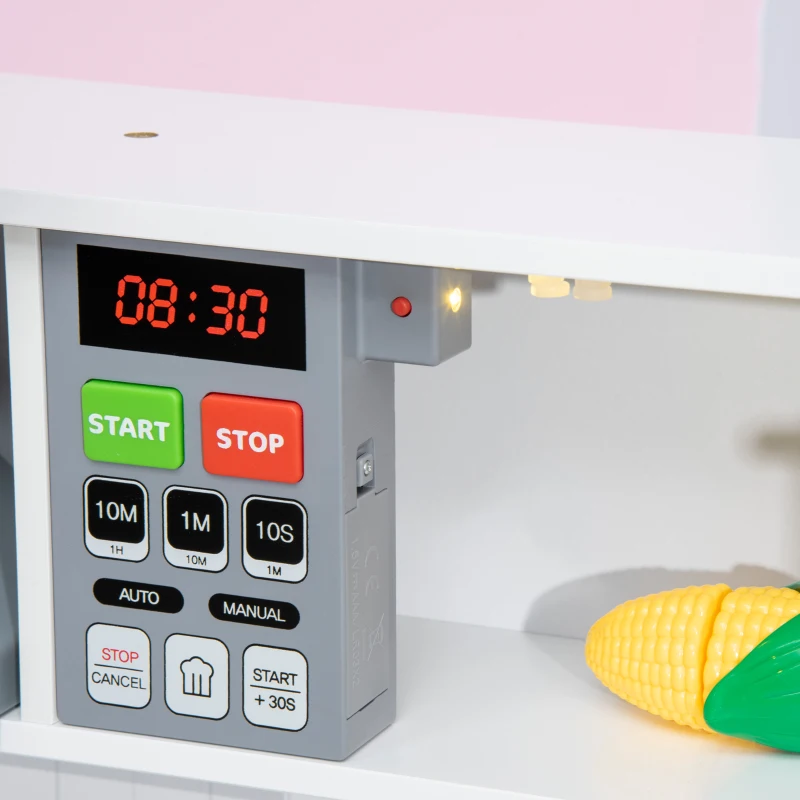 HOMCOM Cozinha Infantil de Madeira Cozinha para Crianças acima de 3 Anos com Altura Ajustável Luz Sons 60x30,5x93,2cm Branco e Cinza