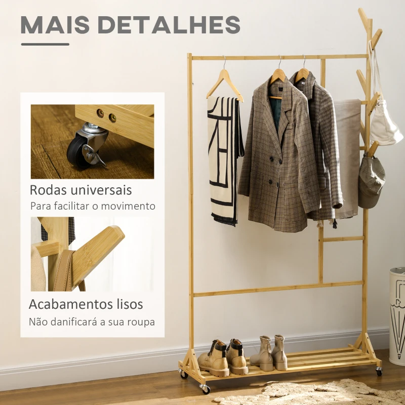HOMCOM Suporte para Cabides de Bambu com Rodas Porta Cabides Multifuncional com 6 Ganchos Barra e Prateleira 100x37x191 cm Madeira