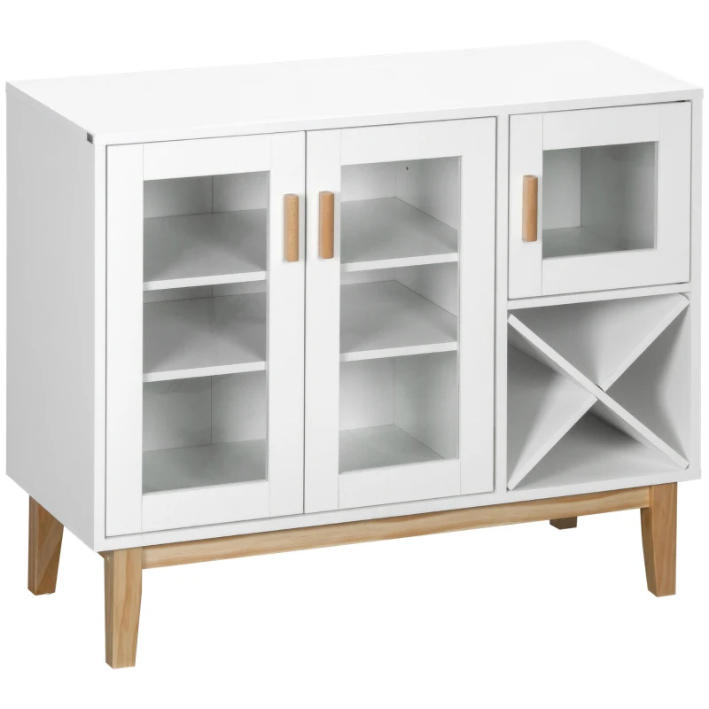 HOMCOM Aparador de Cozinha com 3 Portas de Vidro e Suporte em Forma de X para 4 Garrafas Móvel Buffet Auxiliar 90x37x75cm Branco