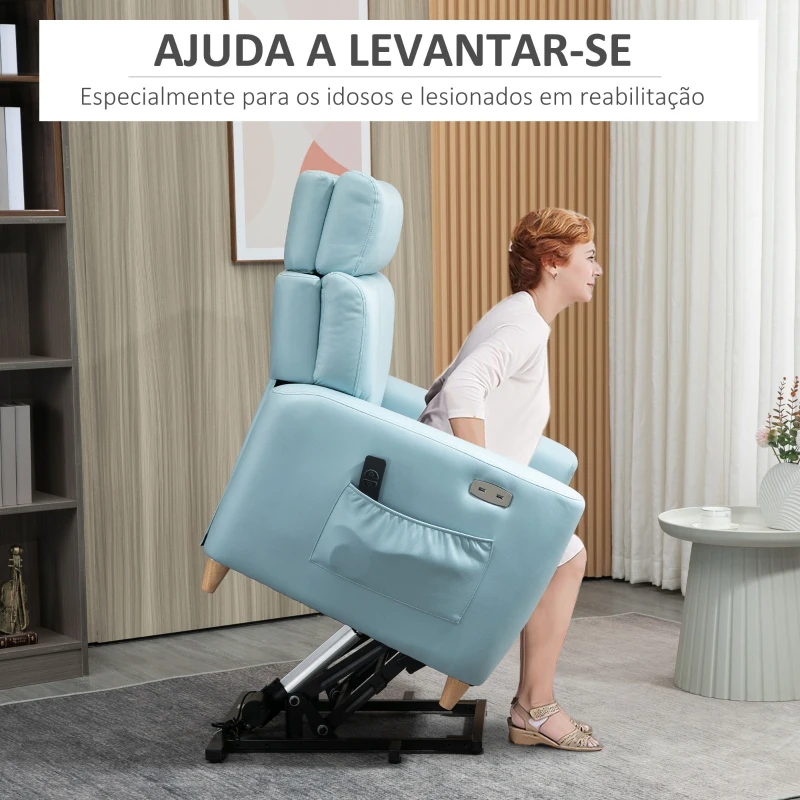 HOMCOM Poltrona Relax Reclinável Poltrona Levanta Pessoas Estofada em Microfibra com Reclinação 143° USB Apoio para a Cabeça Ajustável Apoio para os Pés e Bolso Lateral Carga Máxima 150kg 81x91x103 cm Azul
