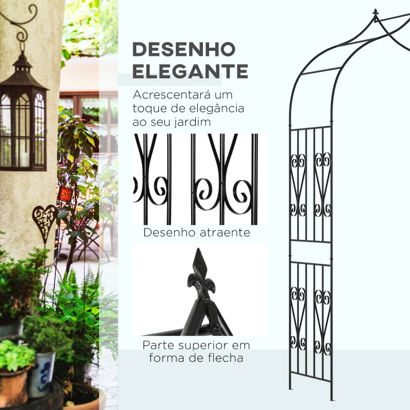 Outsunny Arco de Jardim de Metal Arco de Jardim para Plantas Trepadeiras Exterior Pátio 140x60x265 cm Preto