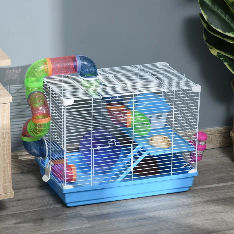 PawHut Gaiola para Hámster 46x30x37cm Gaiola para Roedores com Tubos Comedouro Bebedouro Rampa Roda de Exercícios e Alça Portátil para Interior e Exterior Multicor