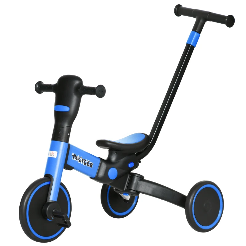 HOMCOM Triciclo Infantil 4 em 1 com Guiador Ajustável e Desmontável Estrutura de Liga de Alumínio 101x45x76,2-98,8cm Azul