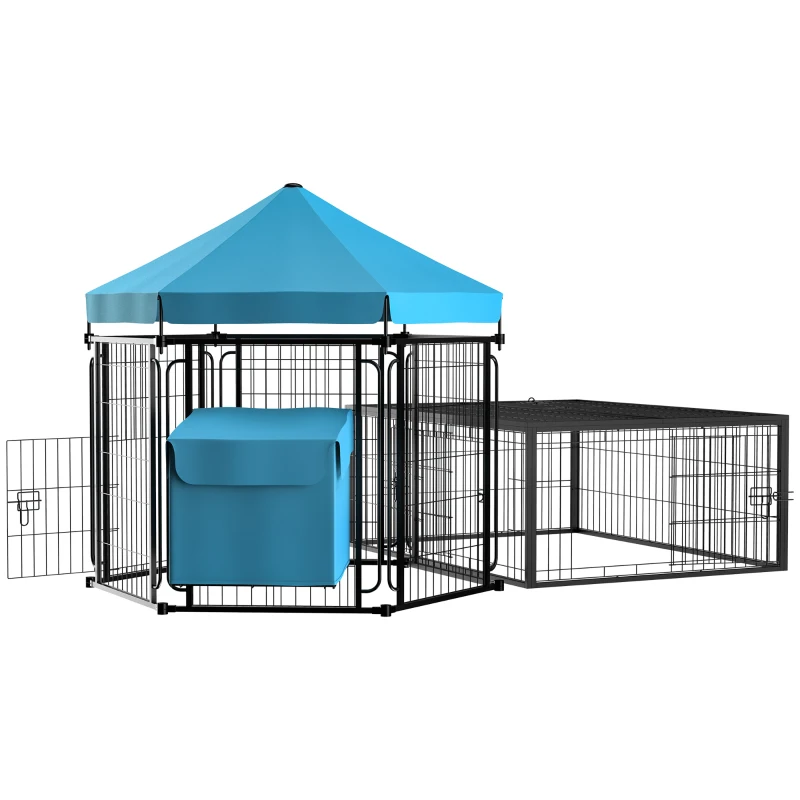 PawHut Galinheiro de Metal para 6-10 Galinhas Galinheiro Resistente para Exterior com Toldo Grade de Arame Ninho Teto Abatível e Portas 201,5x156x120cm Preto e Azul