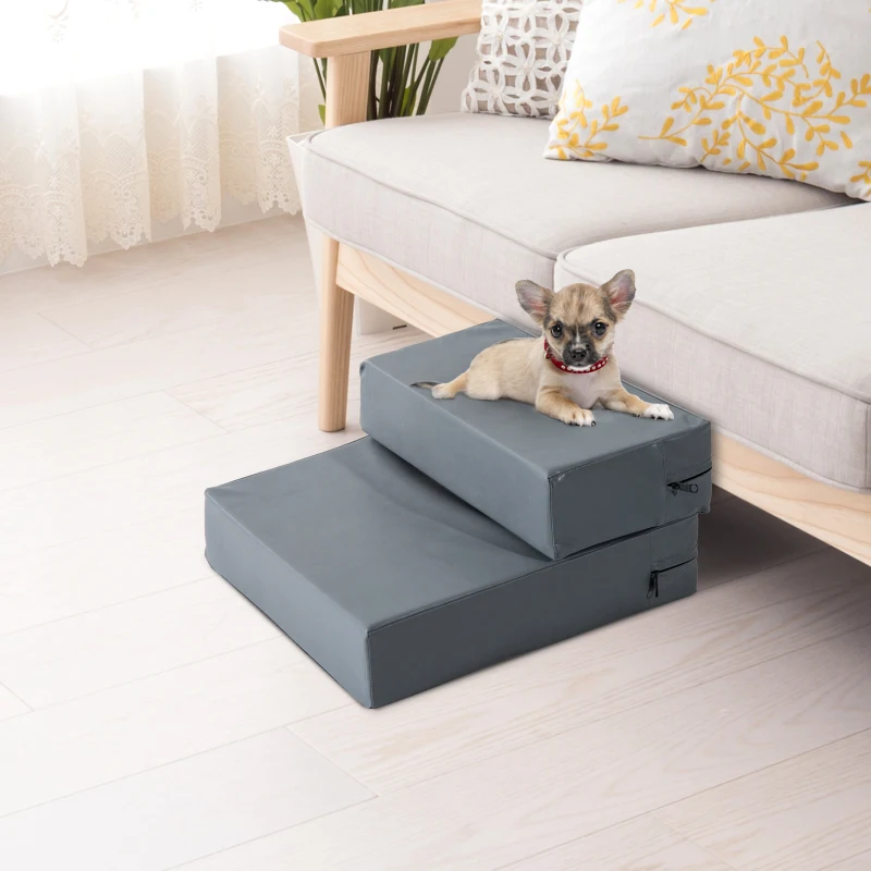 PawHut Escada para Animais de Estimação de 2 Degraus 2 em 1 Cama para Cães Gatos Estofada em PU Removível e Lavável com Zíper 45x39x20cm Cinza