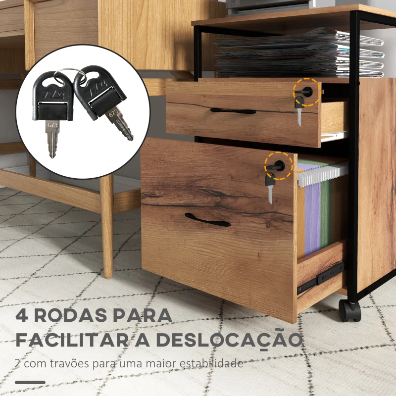 Vinsetto Bloco de Gavetas com Fechadura Rodas 2 Gavetas Barra Suspensa para Papéis A4 e Carta e 2 Chaves 44x40x66,5 cm  Marrom Rústico