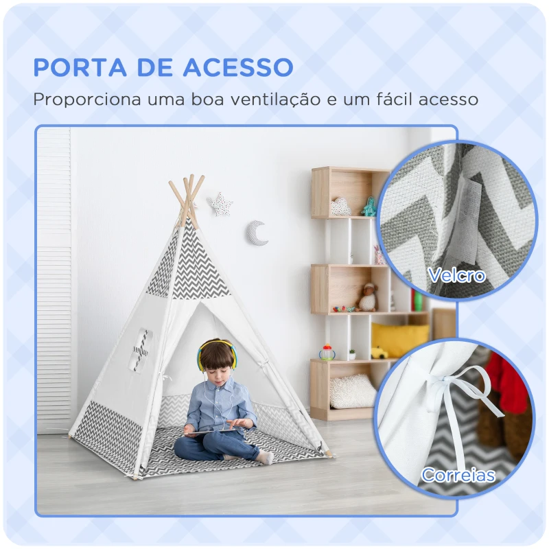 HOMCOM Tenda Tipi para Crianças acima de 3 Anos Tenda Infantil de Madeira Portátil com Janela Almofada e Bolsa de Transporte para Interiores e Exteriores 120x120x155cm Cinza