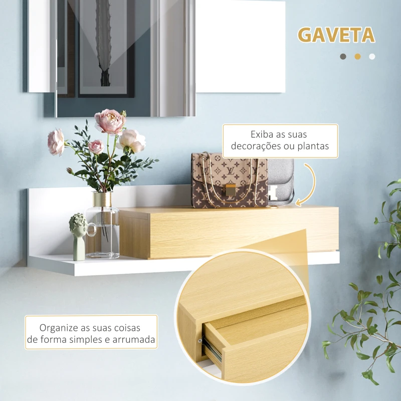 HOMCOM Conjunto de Móveis de Entrada com Espelho e Gaveta Estilo Moderno 75x4x70cm e 75x29x20cm Branco e Madeira