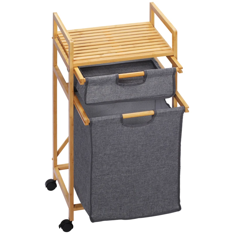 HOMCOM Cesto de Roupa de Bambu com 2 Bolsas de Tecido Amovíveis Prateleira Aberta 4 Rodas 42x35x84,5cm Cinza e Madeira