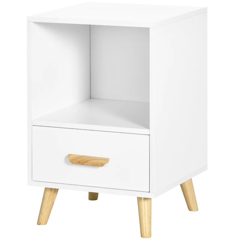 HOMCOM Mesa de Cabeceira Mesa Auxiliar Moderna com 1 Gaveta e Compartimento de Armazenamento 40x40x62cm Branco e Madeira