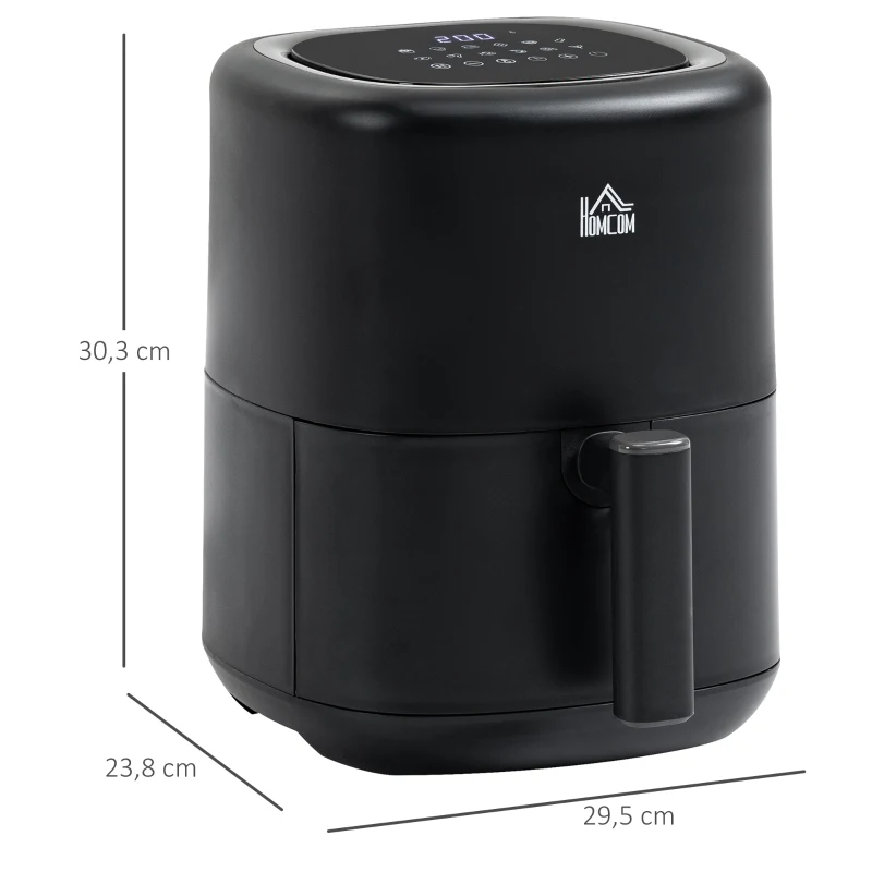 HOMCOM Fritadeira sem Óleo 3L Fritadeira de Ar Quente 1300W com 12 Programas Tela LED Tátil Temporizador Temperatura Ajustável e Cesta Antiaderente 29,5x23,8x30,3cm Preto