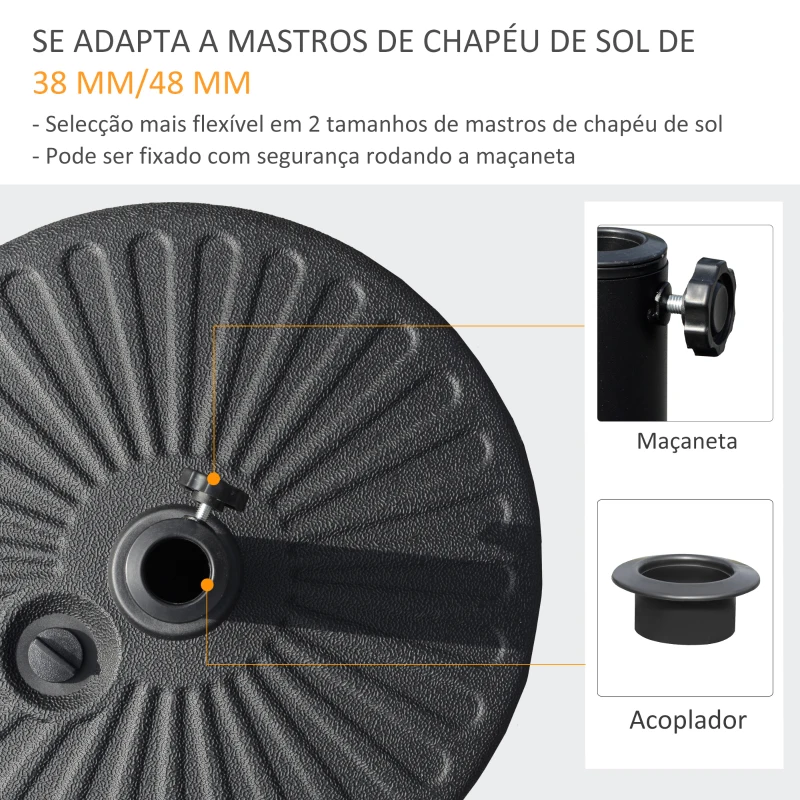 Outsunny Base de Chapéu de Sol de Jardim Recarregável de Água 22kg Suporte de Chapéu de Sol Redondo para Mastros de 38mm/48mm Portátil para Terraço Pátio Ø51x28cm Preto