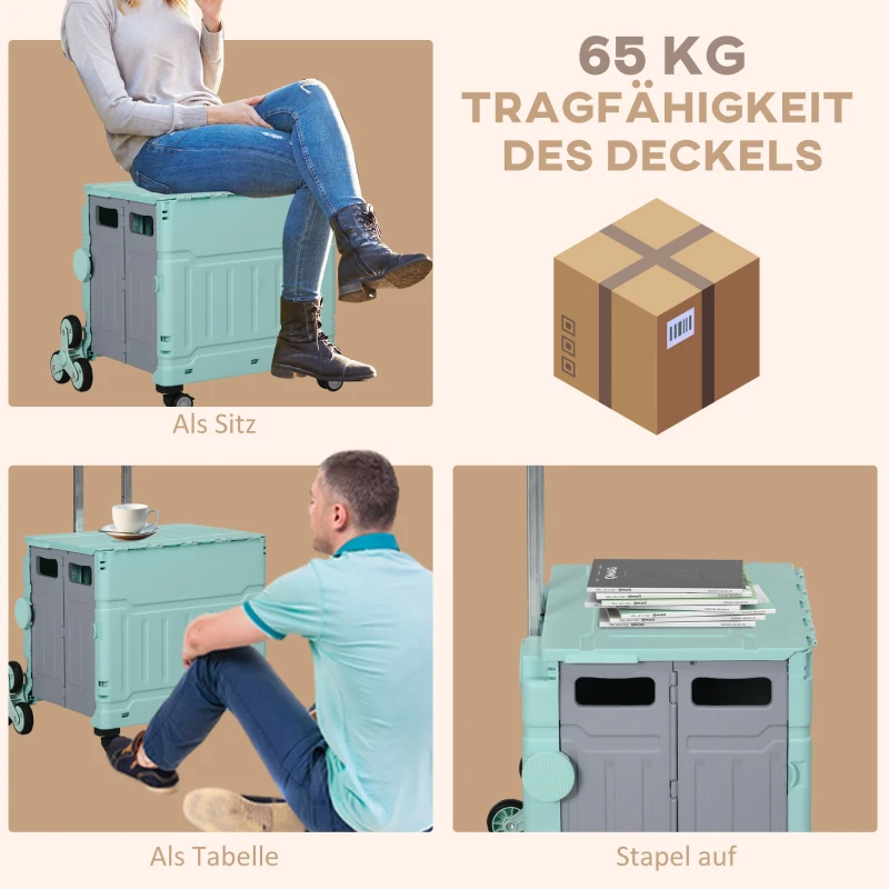 HOMCOM Winkelwagen Winkeltrolley, Trapklimmer, Opvouwbaar, Telescoopgreep, tot max. 65 Kg Belastbaar, Groen