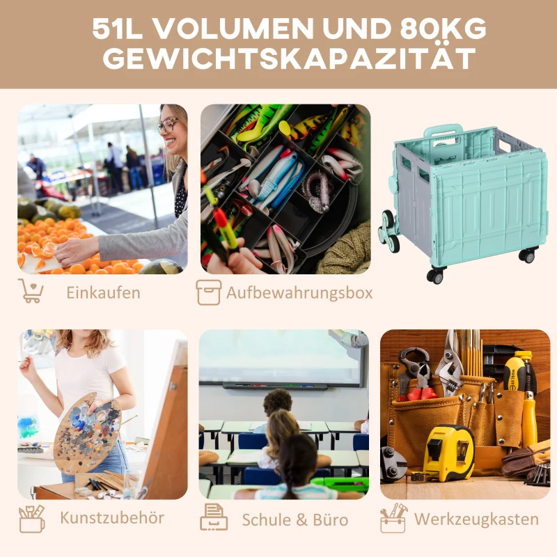 HOMCOM Winkelwagen Winkeltrolley, Trapklimmer, Opvouwbaar, Telescoopgreep, tot max. 65 Kg Belastbaar, Groen