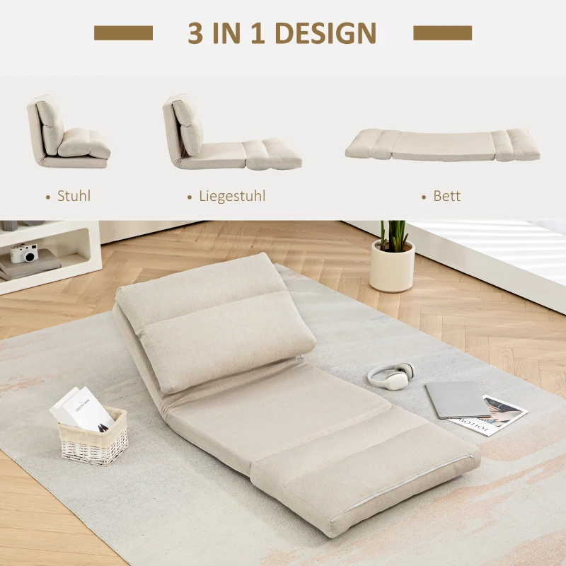 HOMCOM Vloerstoel met Bedfunctie, Verstelbare Rugleuning, Opvouwbaar, tot 120kg, 70 x 41 x 56 cm, Beige(m-4)