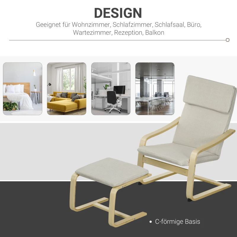 HOMCOM Loungefauteuil met Voetenbankje, Bekleding met Linnenlook, Houten Frame, tot 120 kg, Crèmewit/Natuur(m-7)