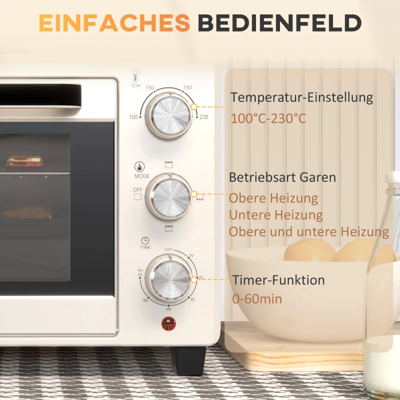 HOMCOM Minioven, 3 Kookmodi, tot 230° C, 1400W, met Accessoires, 46x38,5x29cm, Crème(m-7)