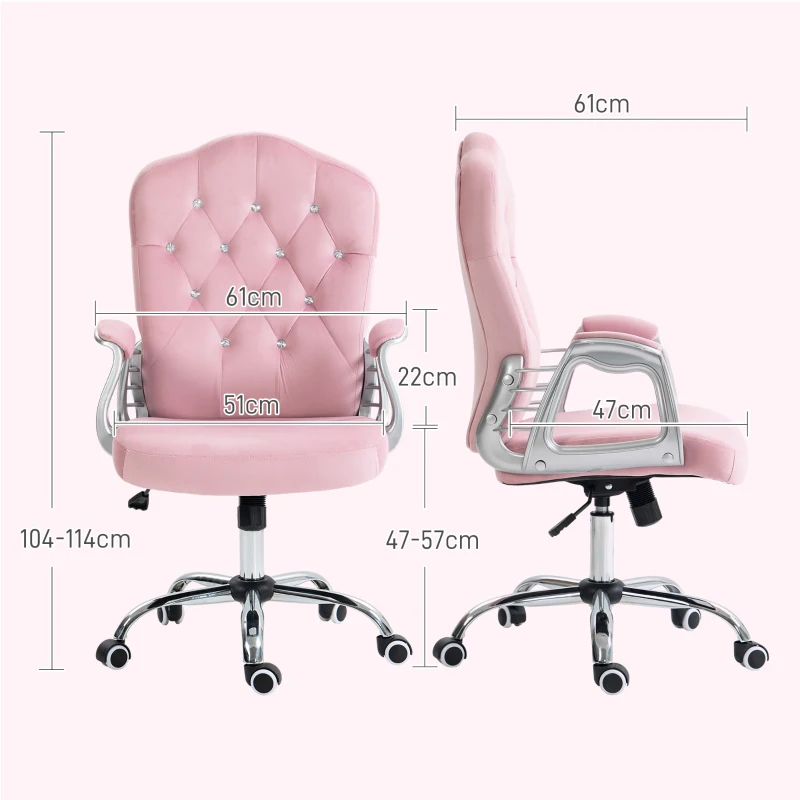 Vinsetto Bureaustoel met Kantelbare Rugleuning, Hoogteverstelbaar, Fluweellook, tot 120 kg, Roze(m-3)