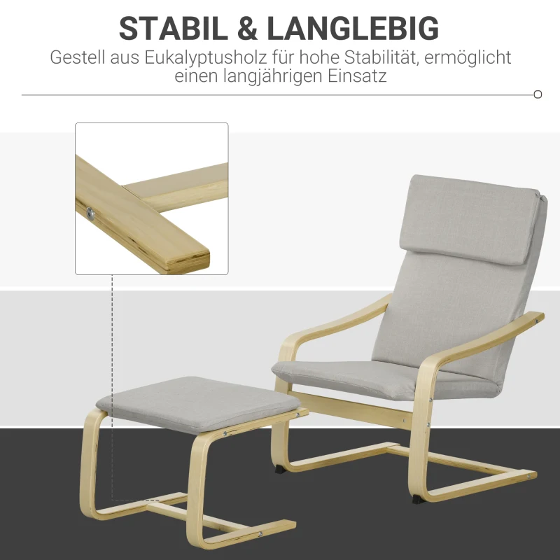 HOMCOM Loungestoel met Voetenbank, Bekleding in Linnenlook, Houten Frame, tot 120 kg, Lichtgrijs/Natuur