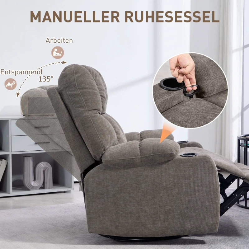 HOMCOM Relaxstoel met Voetensteun, Ligstoel, Draaibaar, Tot 150 kg, Stalen Frame, 88x96x108cm, Lichtbruin(m-4)