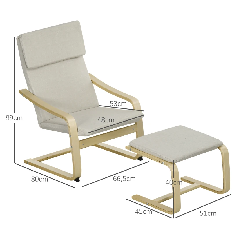 HOMCOM Loungefauteuil met Voetenbankje, Bekleding met Linnenlook, Houten Frame, tot 120 kg, Crèmewit/Natuur(m-3)