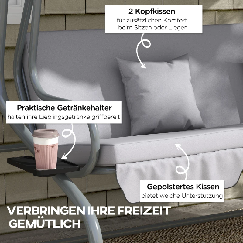 Outsunny 2-in-1 Hollywoodschommel voor Tuin - Grote Schommel met Ligfunctie, Verstelbaar Dak, Staal, 340 kg, Grijs