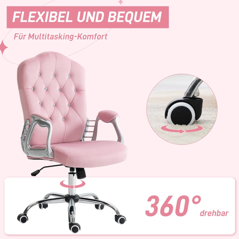 Vinsetto Bureaustoel met Kantelbare Rugleuning, Hoogteverstelbaar, Fluweellook, tot 120 kg, Roze(m-6)