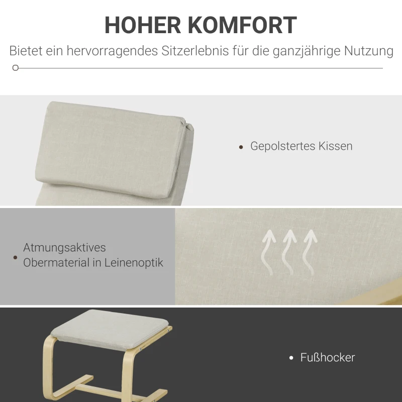 HOMCOM Loungefauteuil met Voetenbankje, Bekleding met Linnenlook, Houten Frame, tot 120 kg, Crèmewit/Natuur(m-4)