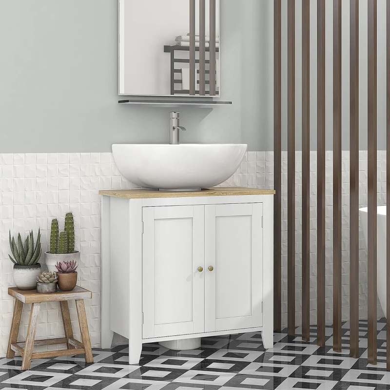 HOMCOM Szafka pod Umywalkę, Biała/Natura, Długa Żywotność, Regulowana Półka, 60x30x60cm