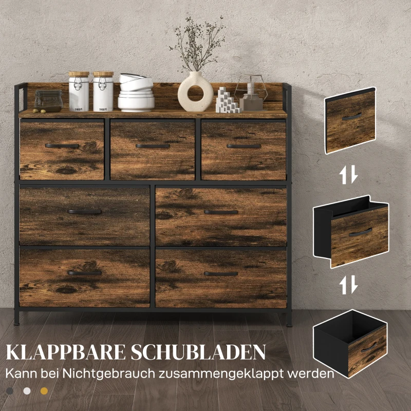 HOMCOM Ladenkast, Dressoir met 7 Stoffen Laden, Industrieel Ontwerp, Stalen Frame, 98x29x85cm, Bruin/Zwart