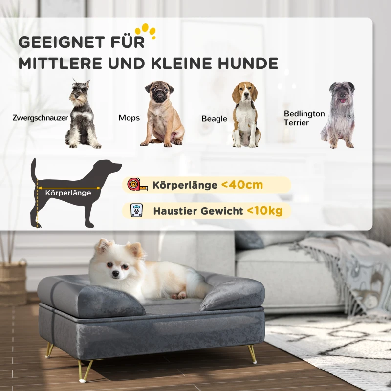 PawHut Hondensofa, Hondenbed, wasbare hoes, voor kleine honden tot 10kg, Houten frame, 76x53,5x34cm, Grijs