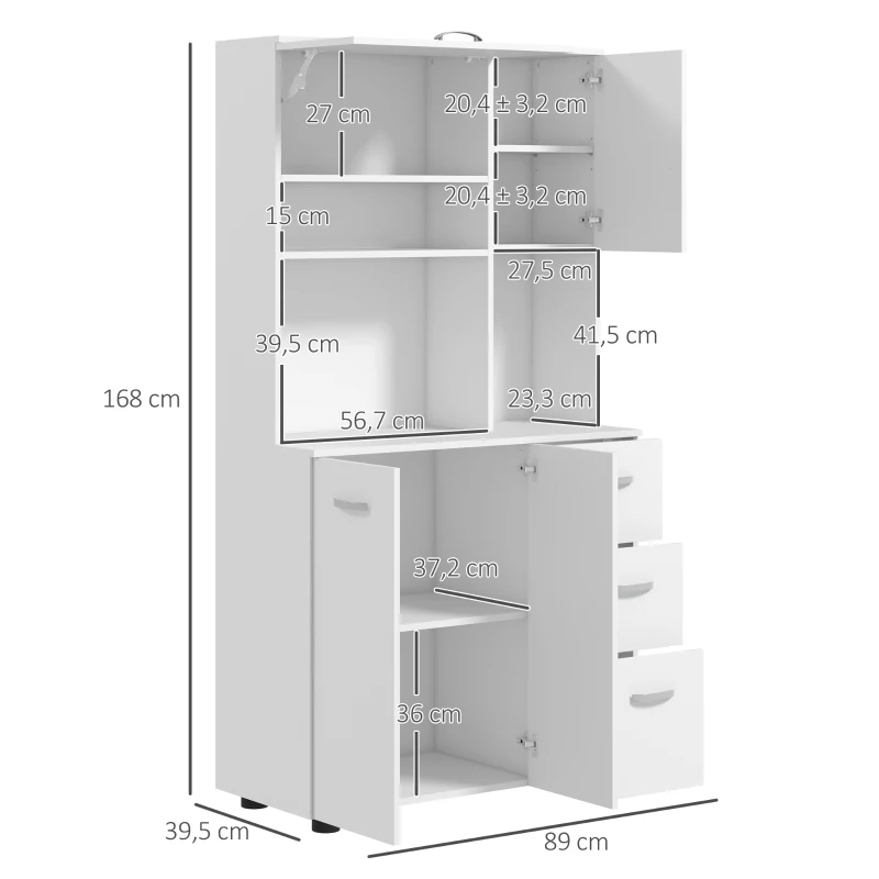 HOMCOM Keukenkast, Buffet, 3 Laden, 3 Planken, Veel Opbergruimte, 89x39,5x168cm, Wit(m-3)