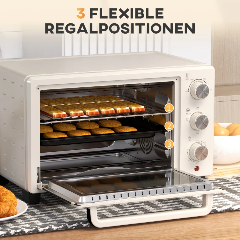 HOMCOM Minioven, 3 Kookmodi, tot 230° C, 1400W, met Accessoires, 46x38,5x29cm, Crème(m-5)
