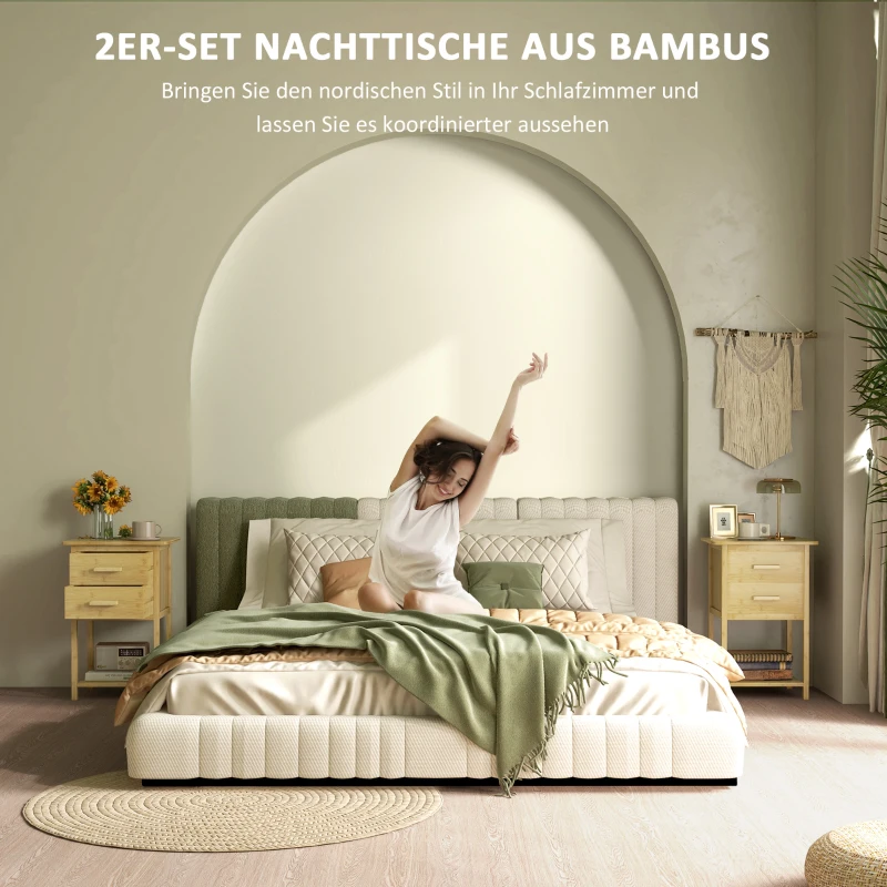 HOMCOM Nachtkastje Set van 2, Scandi-Design, Bamboe, 2 Laden & Schap, 40x34x60cm