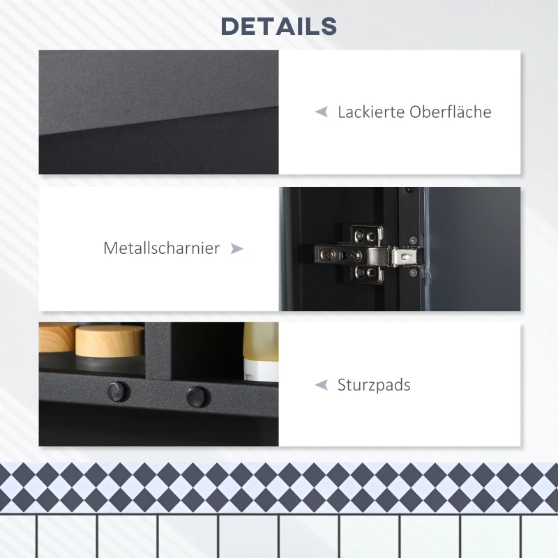 kleankin Spiegelkast, Badkamerkast, 3 Niveaus, Roestvrij Staal, 59,7x13,3x69,9cm, Zwart