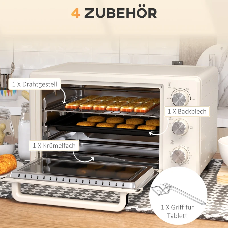 HOMCOM Minioven, 3 Kookmodi, tot 230° C, 1400W, met Accessoires, 46x38,5x29cm, Crème(m-6)
