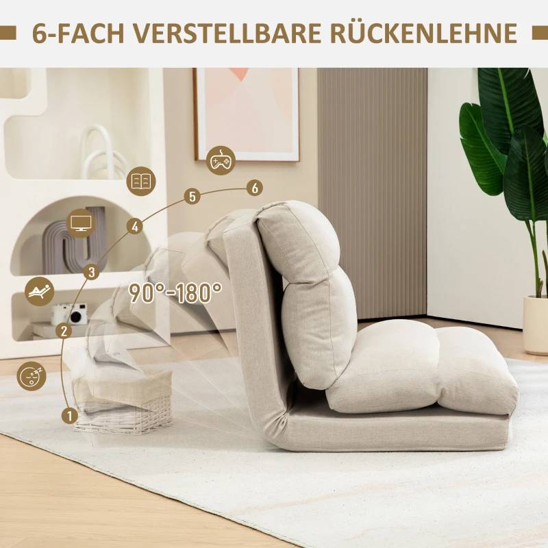 HOMCOM Vloerstoel met Bedfunctie, Verstelbare Rugleuning, Opvouwbaar, tot 120kg, 70 x 41 x 56 cm, Beige(m-5)