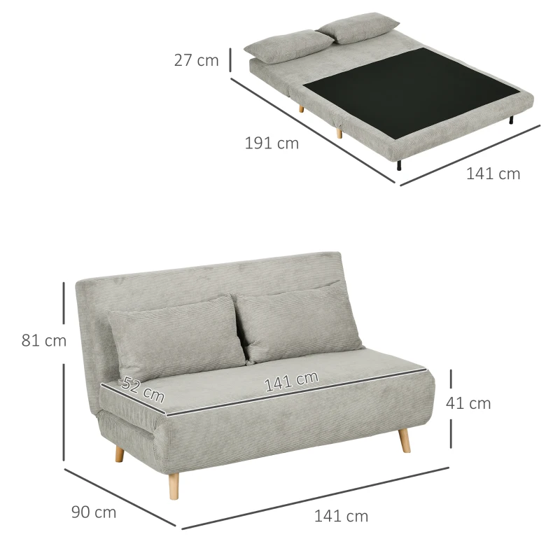 HOMCOM Schlafsofa, Gästebett, 3-fach verstellbare Rückenlehne, Leinenoptik, bis 120 kg, 141 x 90 x 81 cm, Grau(m-3)