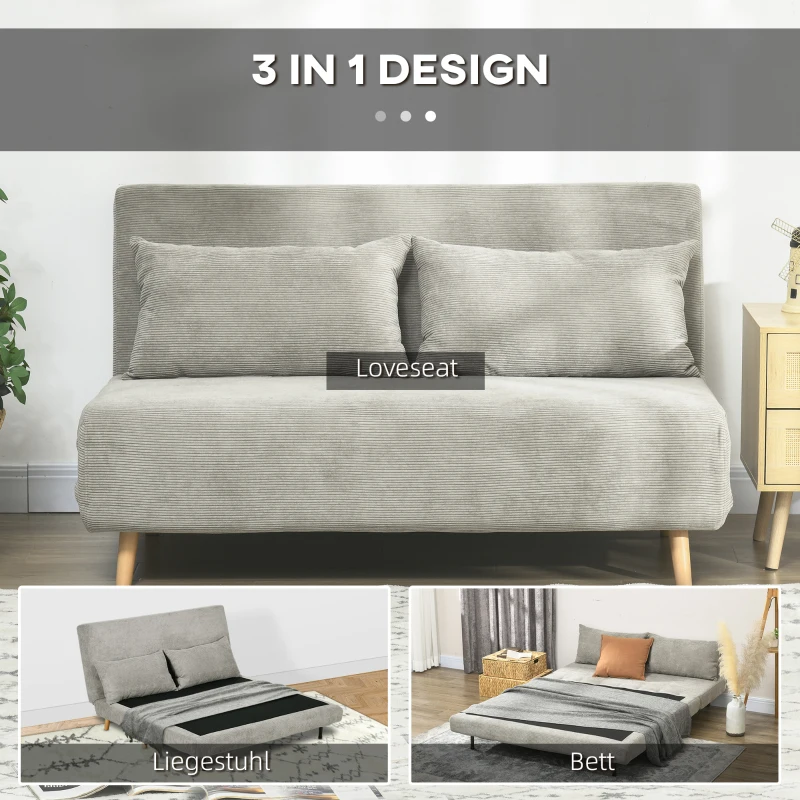 HOMCOM Schlafsofa, Gästebett, 3-fach verstellbare Rückenlehne, Leinenoptik, bis 120 kg, 141 x 90 x 81 cm, Grau(m-4)