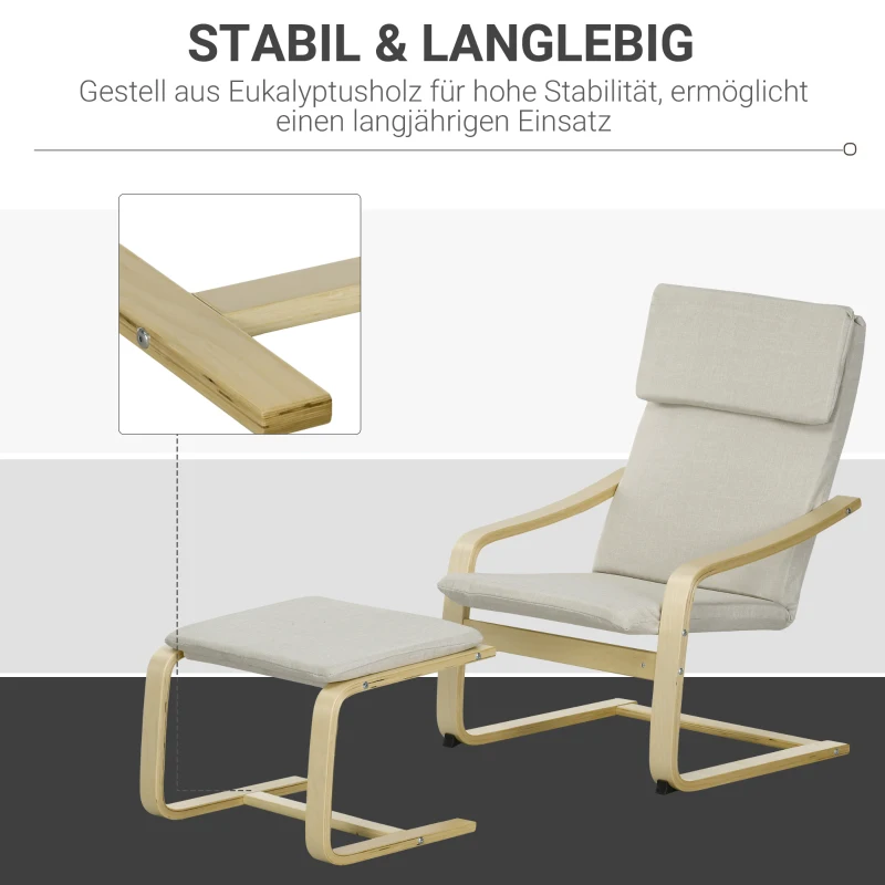 HOMCOM Loungefauteuil met Voetenbankje, Bekleding met Linnenlook, Houten Frame, tot 120 kg, Crèmewit/Natuur(m-5)