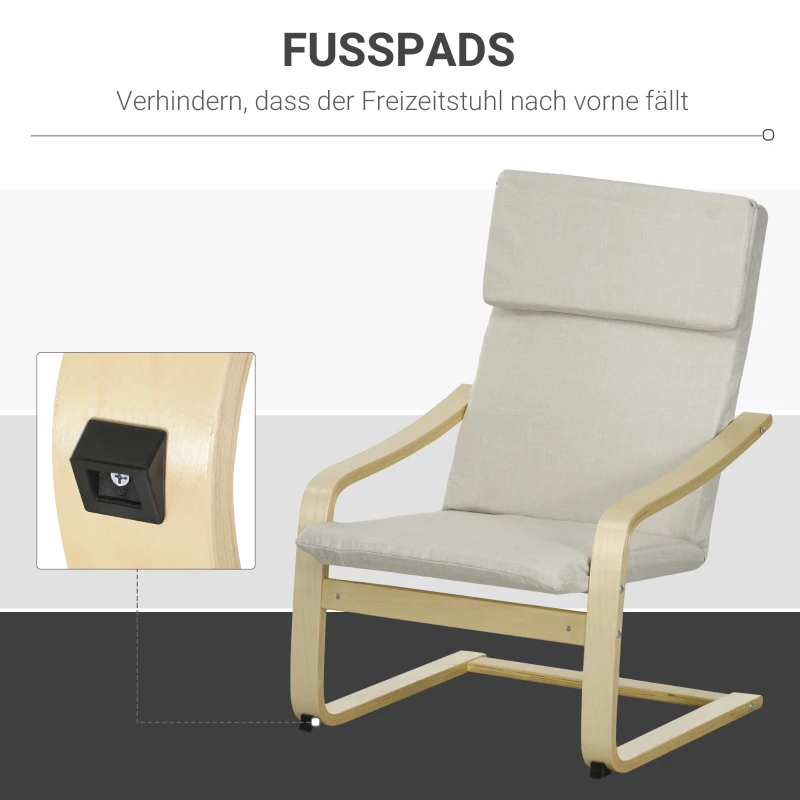 HOMCOM Loungefauteuil met Voetenbankje, Bekleding met Linnenlook, Houten Frame, tot 120 kg, Crèmewit/Natuur(m-6)