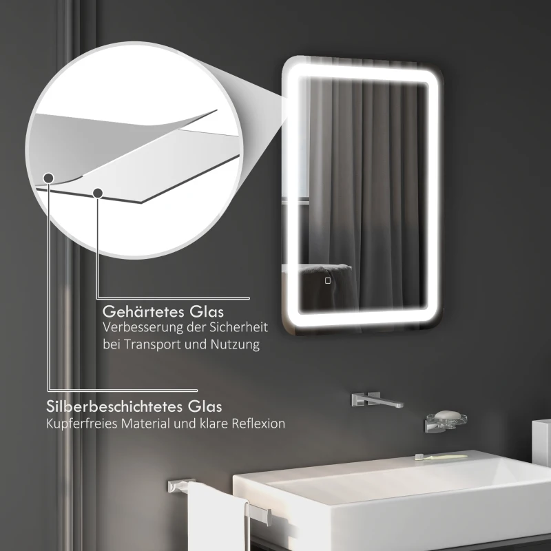 HOMCOM Badkamerspiegel, verlicht, Touch-bediening, Anti-Condens, Dimbaar, 3 Lichtkleuren, 50x70, Zilver