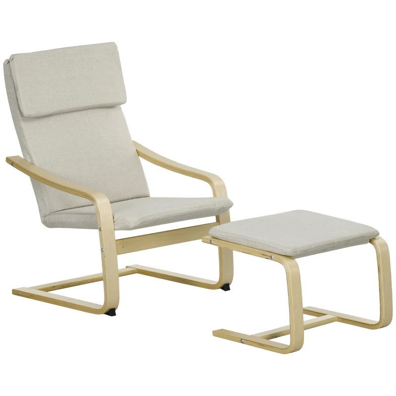 HOMCOM Loungefauteuil met Voetenbankje, Bekleding met Linnenlook, Houten Frame, tot 120 kg, Crèmewit/Natuur(m-10)
