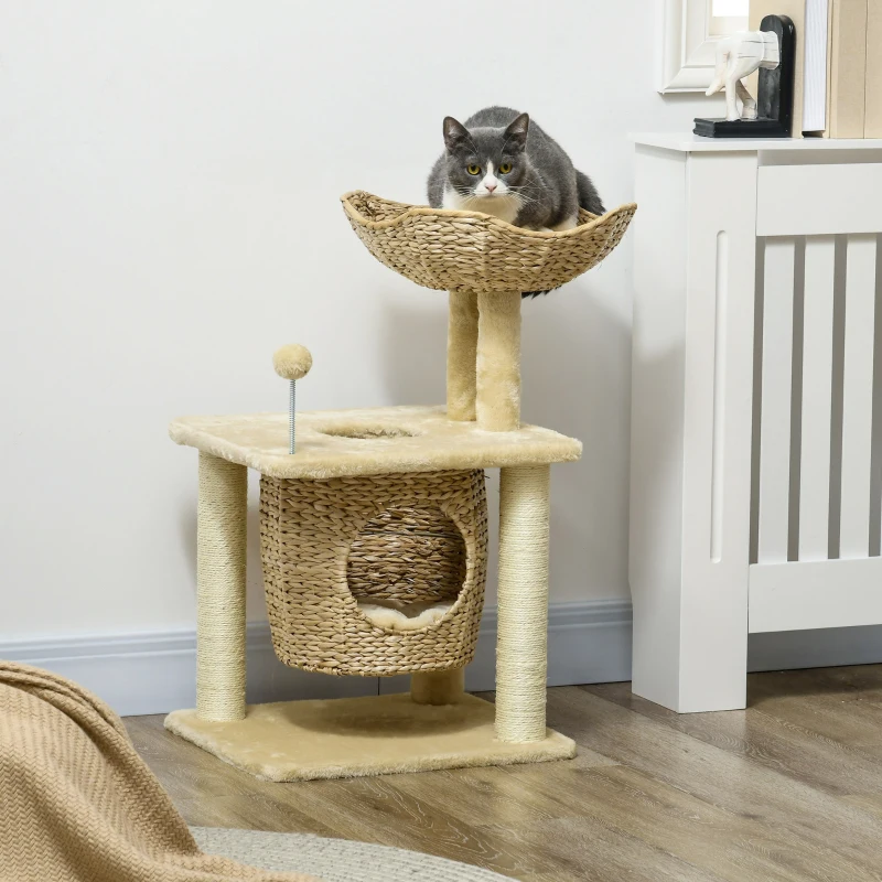 PawHut Kattenkrabpaal met Kattenhol, Ligplatform, Speelbal, 45x40x74cm, Beige