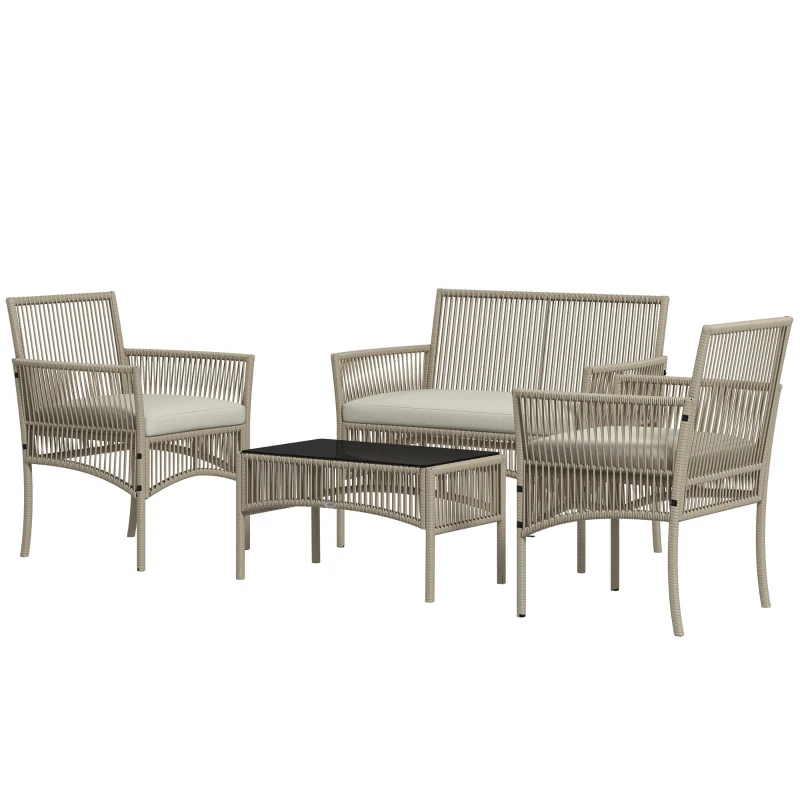 Outsunny Set de Grădină cu 2 Fotolii de Exterior, Canapea și Măsuță, 56x56x80 cm, Kaki(m-10)