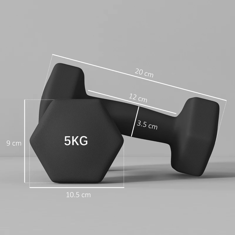 SPORTNOW Set 2 Greutăți Hexagonale cu Gantere Pereche cu Prindere Antiderapantă pentru Antrenament de Fitness, 2x5 kg, 21x9x9 cm, Negru