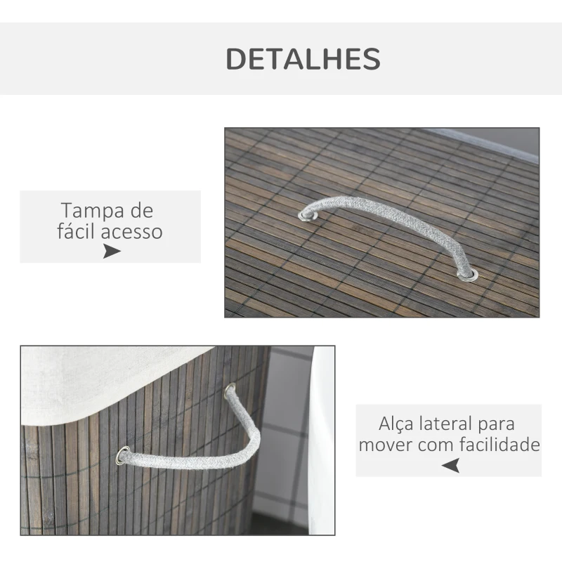 HOMCOM Cesto para Roupa Suja de Bambú Capacidade de 100L com Tampa Removível Bolsa com 2 Compartimentos 52x32x63 cm Cinza