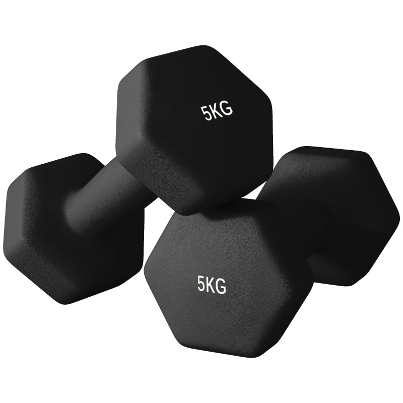 SPORTNOW Set 2 Greutăți Hexagonale cu Gantere Pereche cu Prindere Antiderapantă pentru Antrenament de Fitness, 2x5 kg, 21x9x9 cm, Negru
